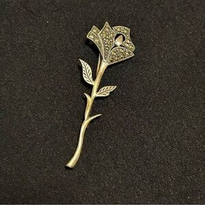 Sterling 925 Rose Flower With Marcasite Brooch Pin